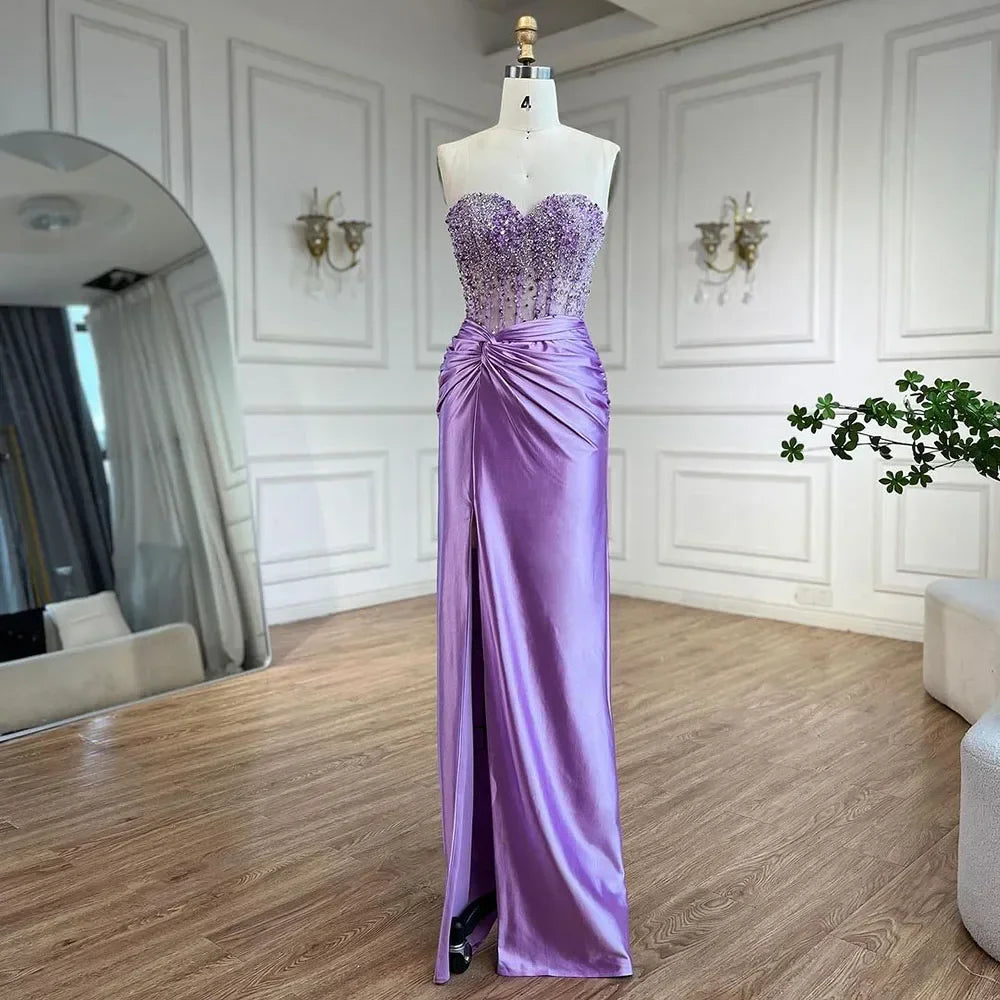 Customized Lilac Satin Strapless Mermaid Evening Dress Beaded Bridesmaid Gown