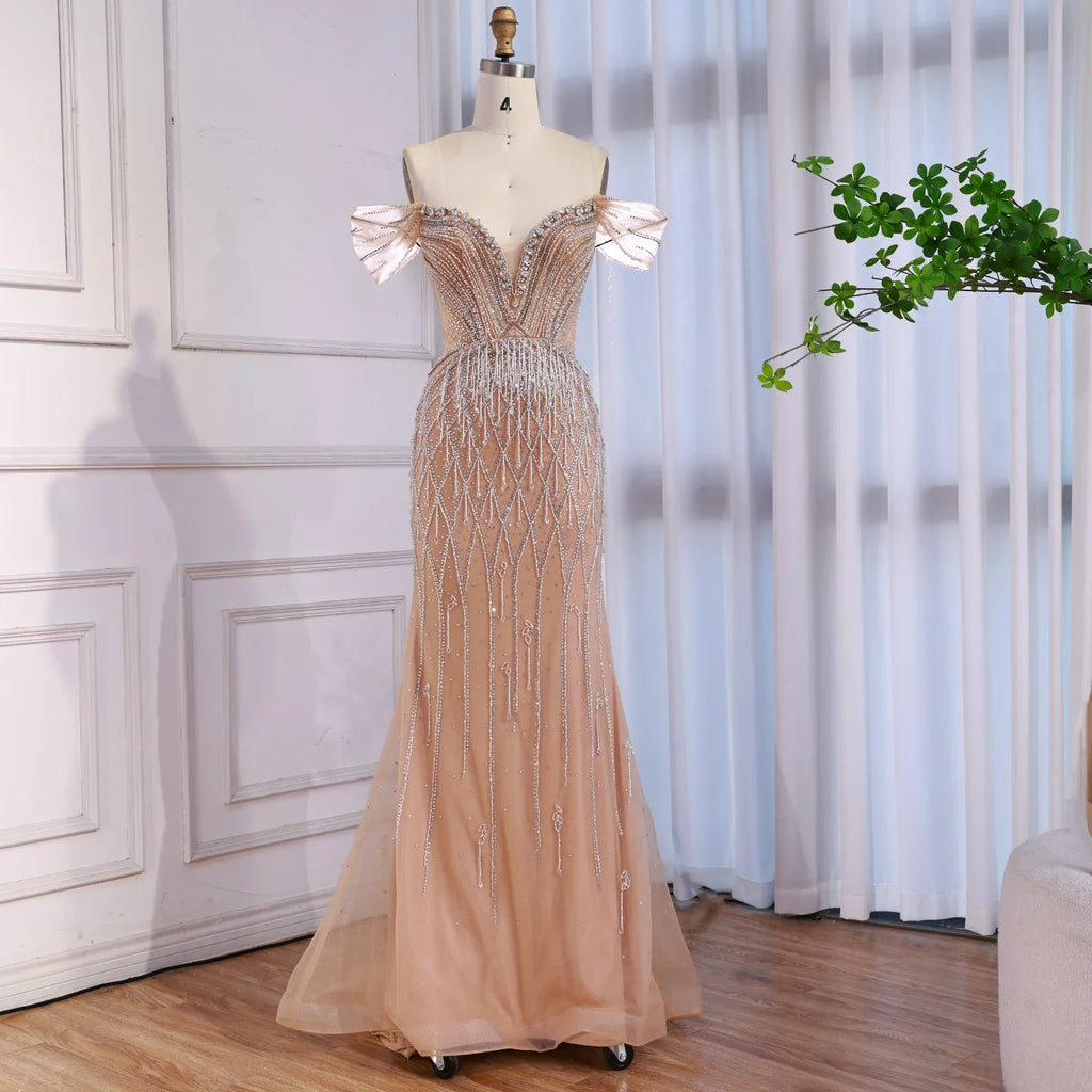 Luxury Nude Off Shoulder Beaded Tassel Evening Dress LA72854A