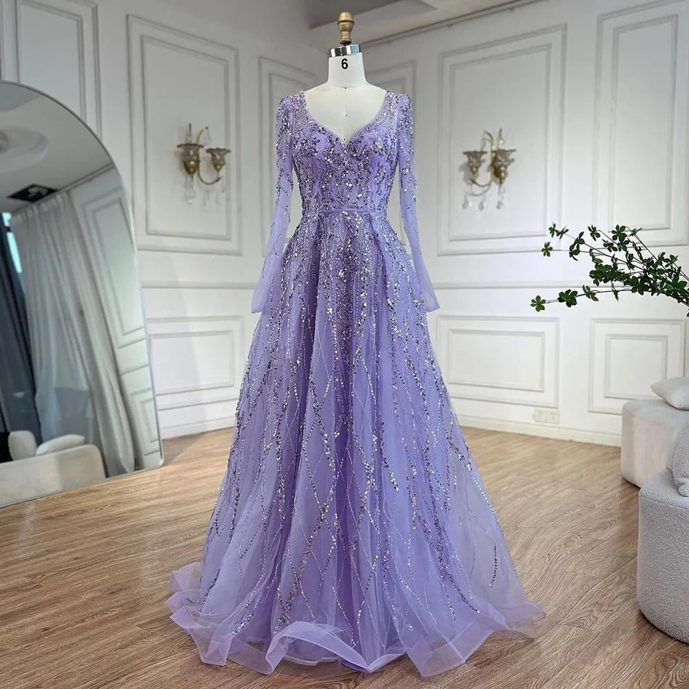 Serene Hill Lilac V Neck A Line Beaded Evening Gown For Women Custom