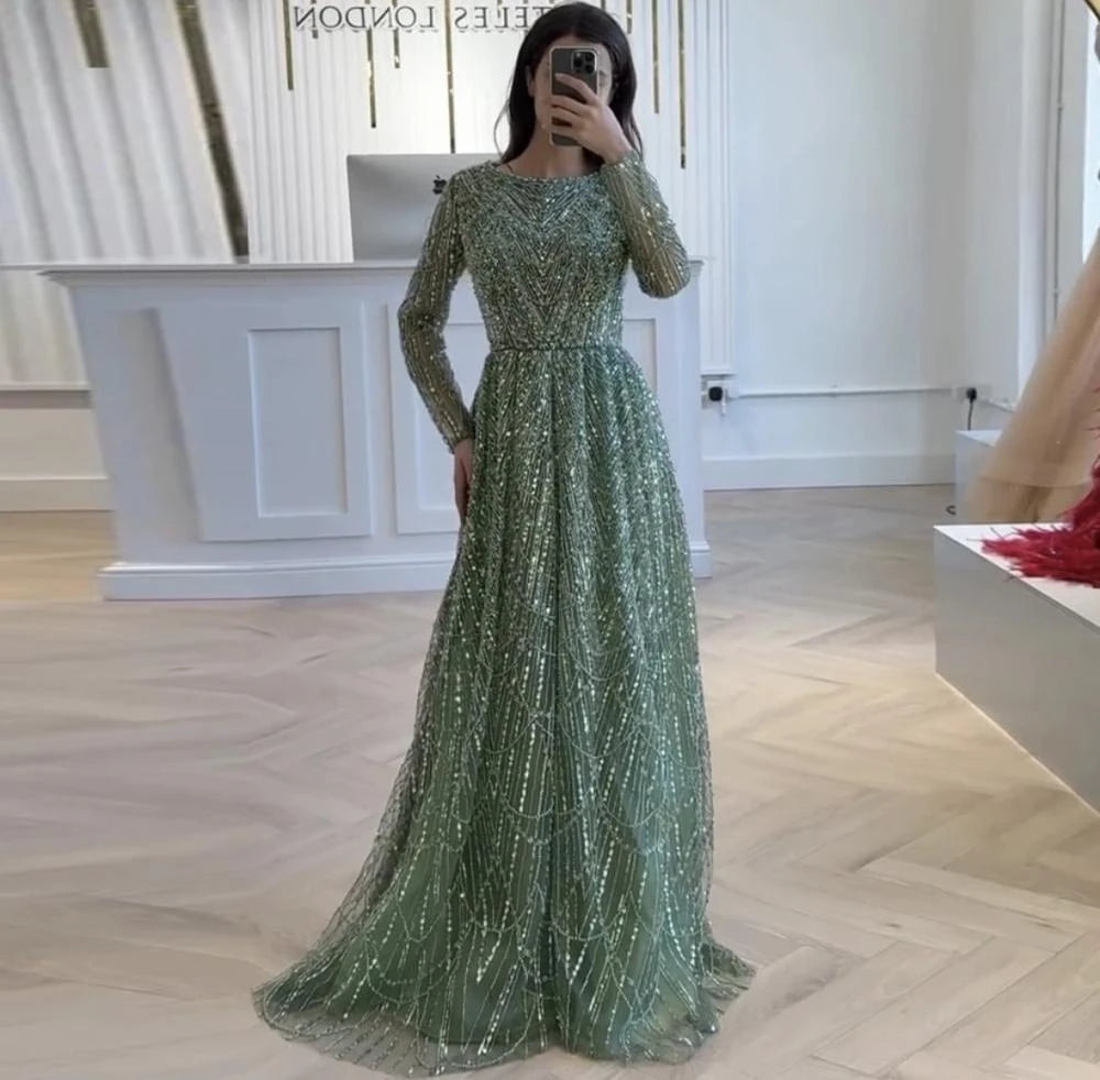 Contessa Custom formal gown elegant beaded tulle evening dress long sleeve boat neck floor length A line glam sparkly prom party