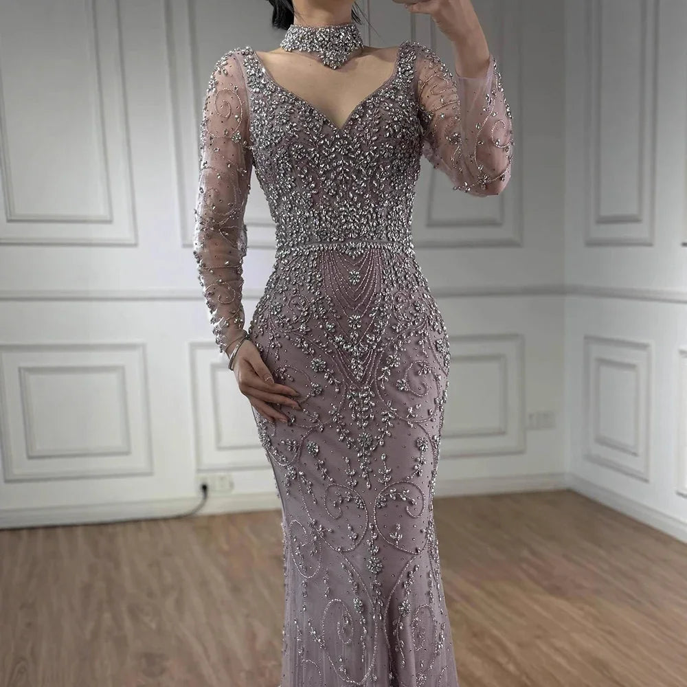 Custom Turquoise Mermaid Evening Dress With Long Sleeves And Beading