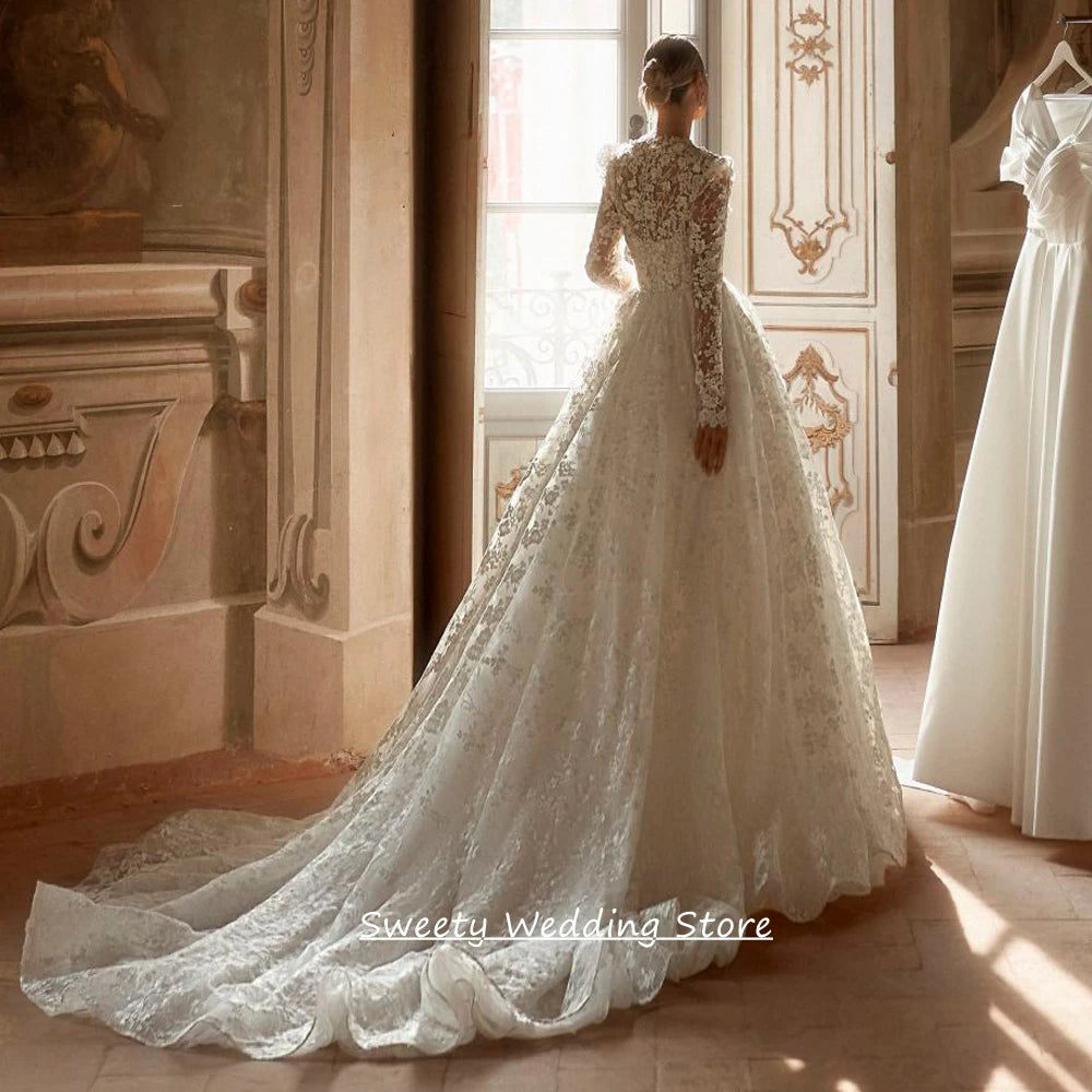 Custom A Line Lace Wedding Dress Long Sleeves V Neck Court Train Bridal Gown