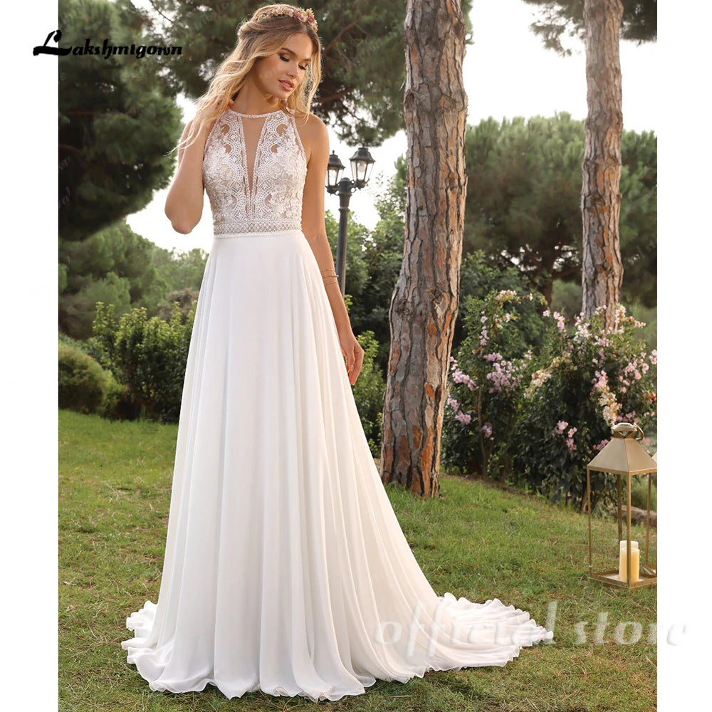 Boho Beach Lace Chiffon Wedding Dress For Bride A Line Sweep Train Custom
