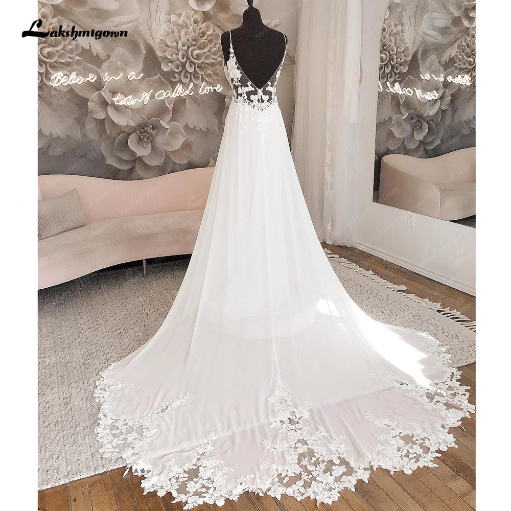 Lakshmigown Custom Sexy Chiffon Lace Long Boho Beach Wedding Dress