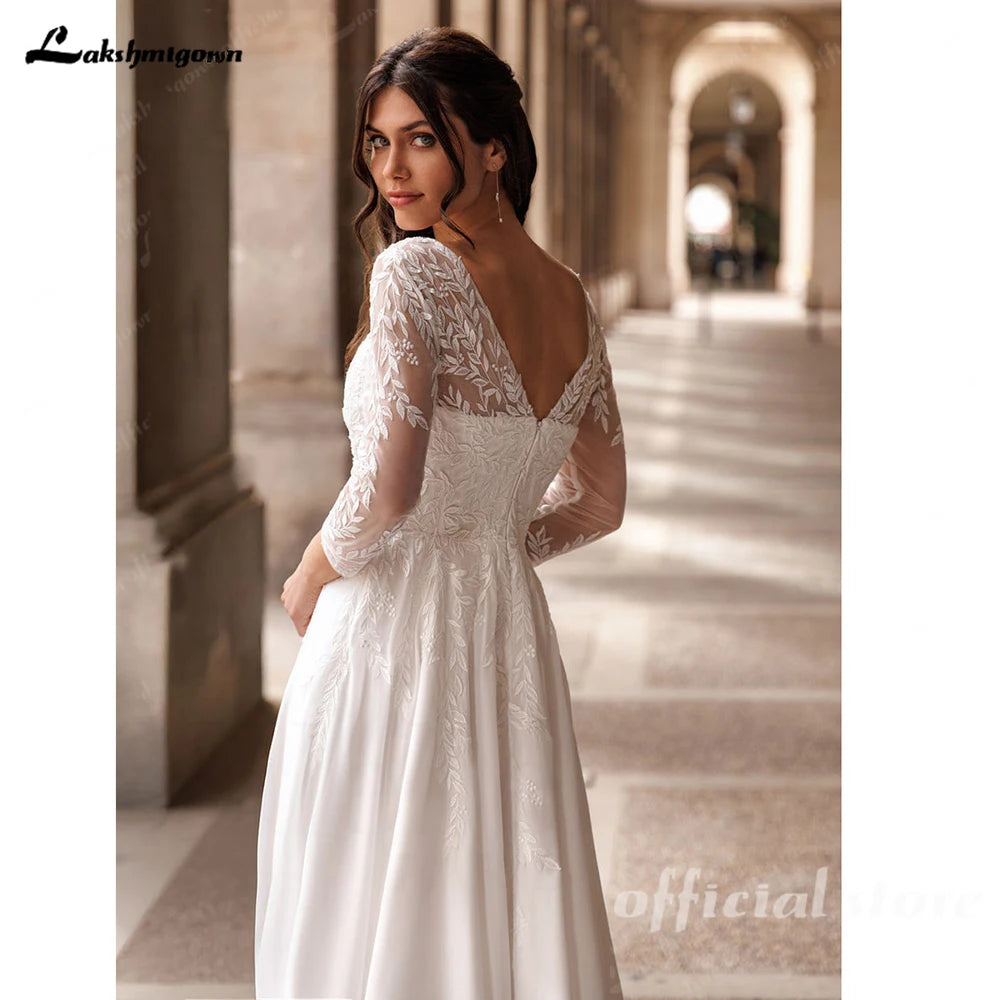 Lakshmigown V-Neck A-Line Lace and Chiffon Boho Beach Wedding Dress Custom