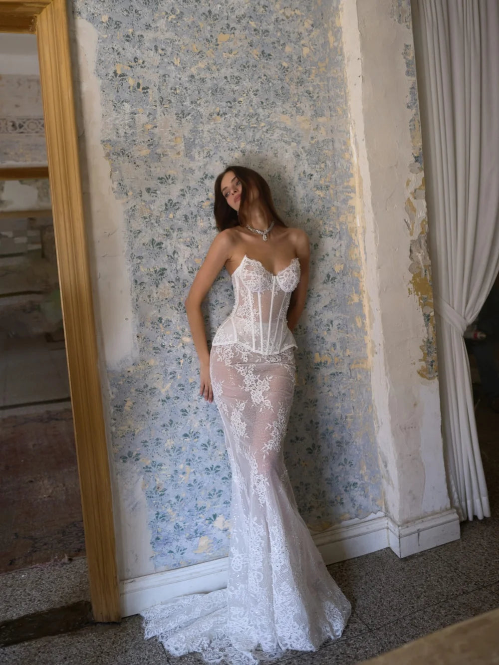 Custom Sequined Lace Corset Wedding Dress Illusion Mermaid Bridal Gown