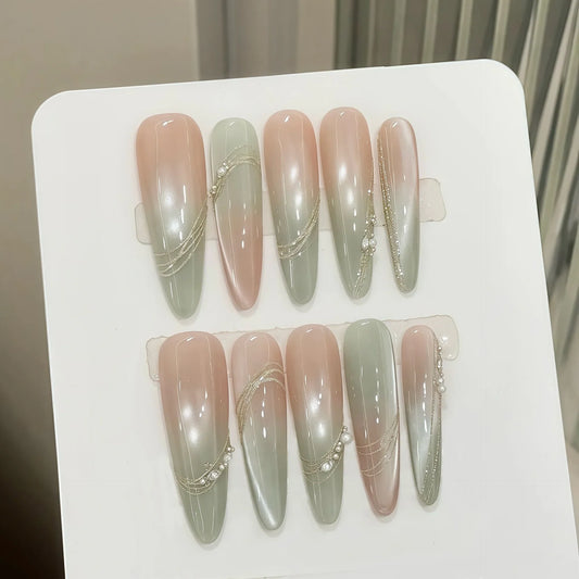 10 uñas postizas de color pomelo verde, hechas a mano, transparentes, estilo ojo de gato, sencillas, ligeras y de lujo, para primavera. 