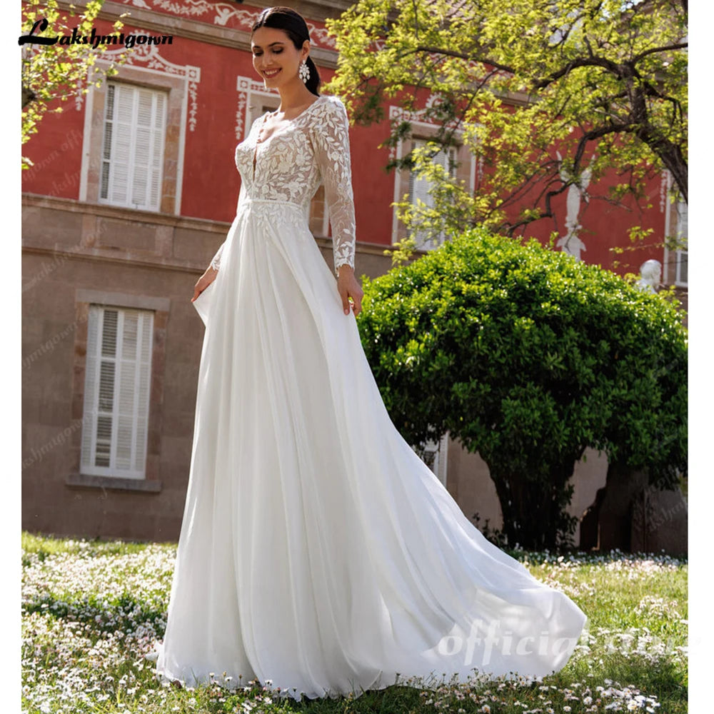 Lakshmigown Lace V-Neck Chiffon Wedding Dress A-Line Backless Customized