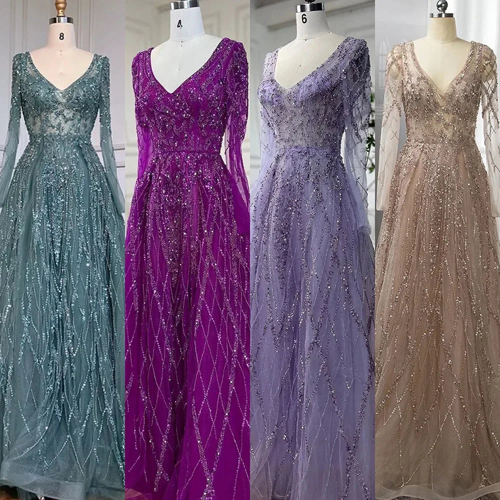 Serene Hill Lilac V Neck A Line Beaded Evening Gown For Women Custom