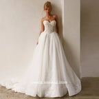 Custom Sleeveless Sweetheart A Line Wedding Dress With Lace Applique Train