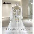 Customized Chiffon Embroidered Bridal Gown With Puff Sleeves And Lace Up Back