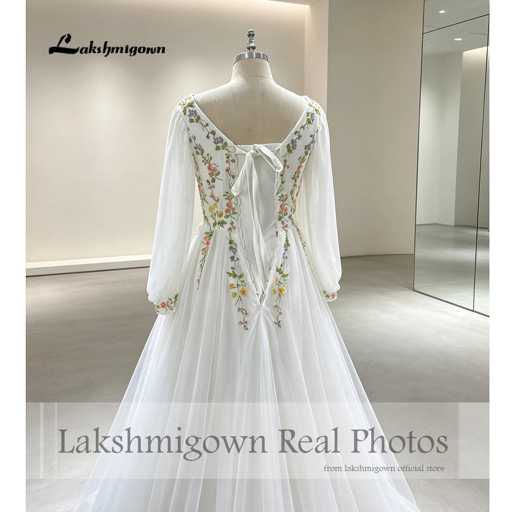 Customized Chiffon Embroidered Bridal Gown With Puff Sleeves And Lace Up Back