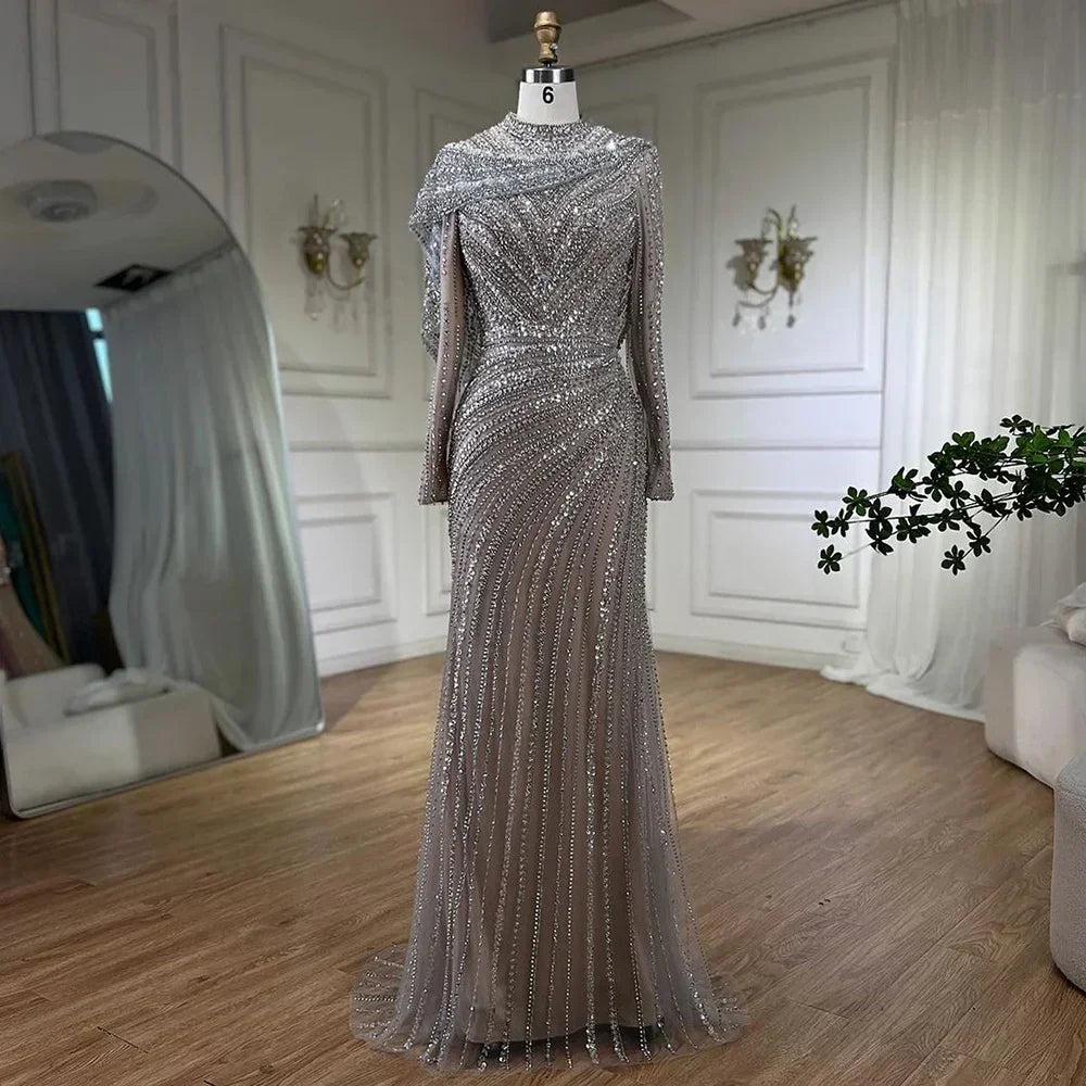 Elegant Mermaid Beaded Evening Gown Sparkle Silver Nude Custom Party Dress