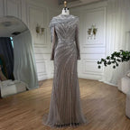 Elegant Mermaid Beaded Evening Gown Sparkle Silver Nude Custom Party Dress