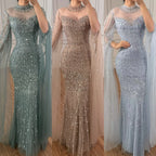 Customized Turquoise Beaded Mermaid Evening Dress With Cape Sleeves For Women