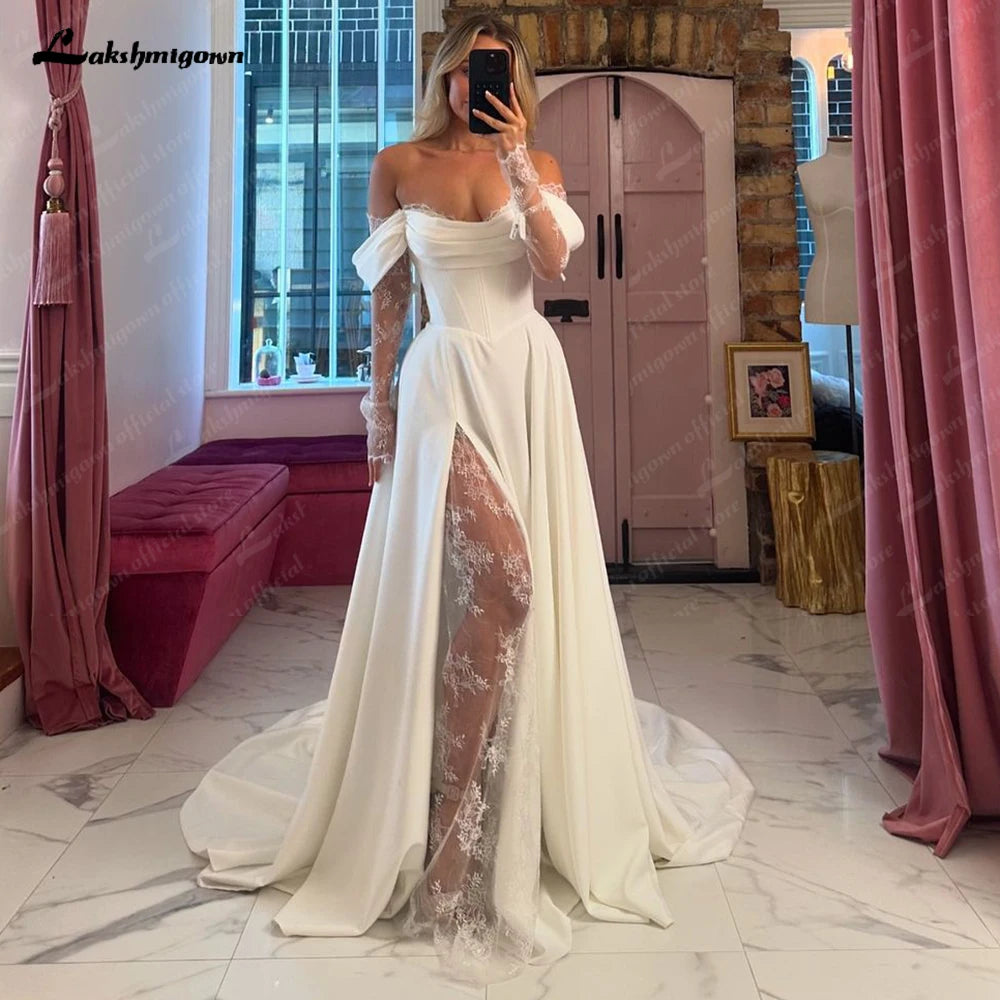 Customized Off Shoulder Satin A Line Wedding Dress With Sweep Train