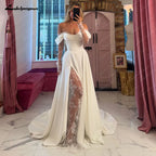 Customized Off Shoulder Satin A Line Wedding Dress With Sweep Train