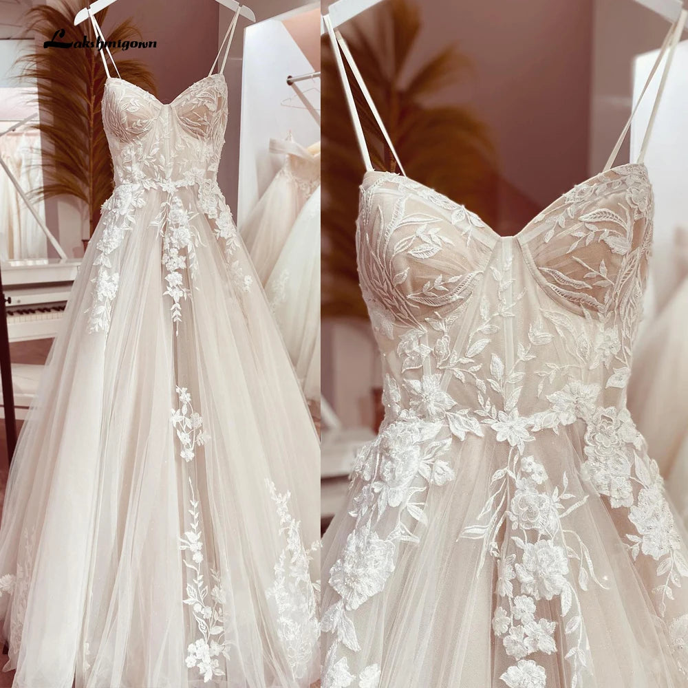 Champagne Lace Spaghetti Straps Wedding Dress Chapel Train Custom Bridal Gown