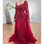 Custom Blue Long Sleeve Mermaid Pearl Beaded Evening Dress Women Wedding Gown