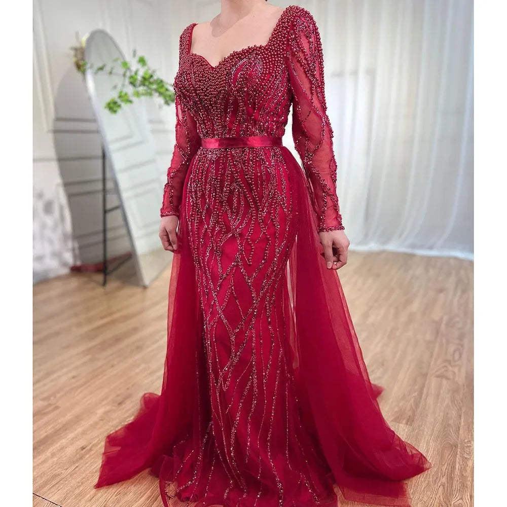 Custom Blue Long Sleeve Mermaid Pearl Beaded Evening Dress Women Wedding Gown