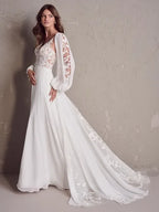 Plus Size Long Sleeve V Neck Lace Applique Custom Boho Bridal Dress