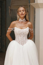 Custom White Off Shoulder Pearl Chain Wedding Dress With Lace Up Court Train