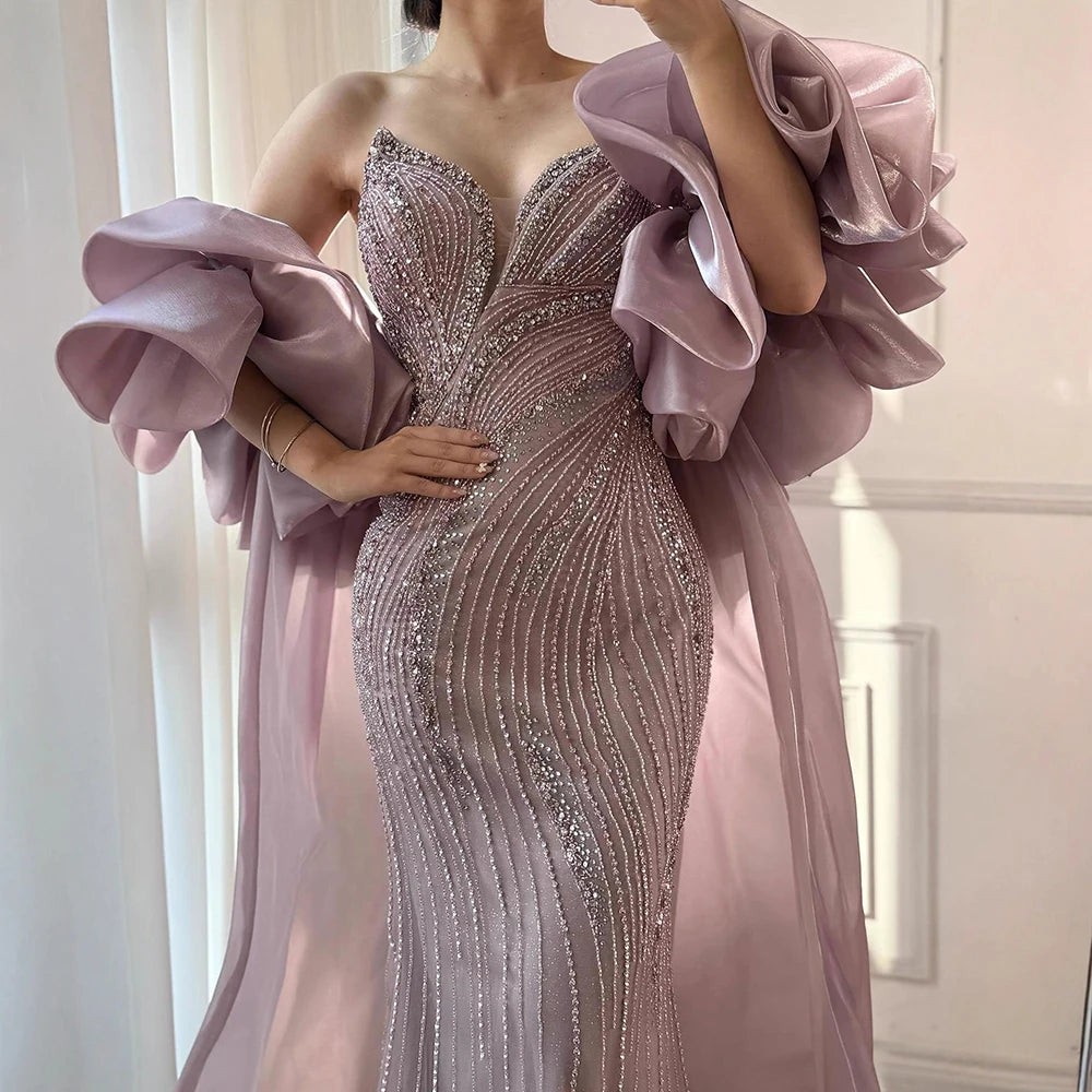 Custom Pink Strapless Mermaid Beaded Evening Gown With Cape