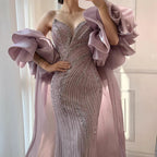 Custom Pink Strapless Mermaid Beaded Evening Gown With Cape