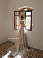 Ivory Full Lace Custom High Collar Long Sleeve A Line Floor Length Bridal Gown