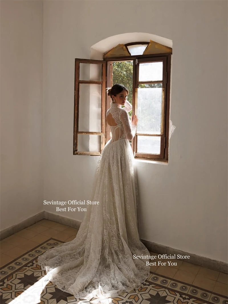 Ivory Full Lace Custom High Collar Long Sleeve A Line Floor Length Bridal Gown