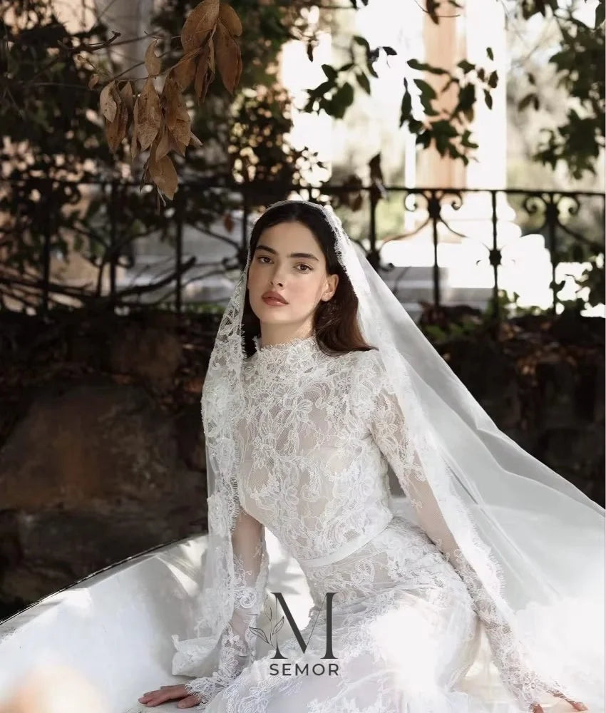 Custom Lace High Neck Long Sleeve Wedding Dress With Applique And Sweep Train