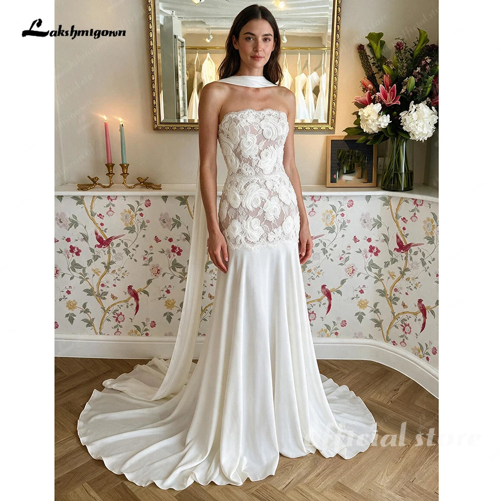 Customized Strapless Illusion Mermaid Wedding Dress With Shawl Open Back