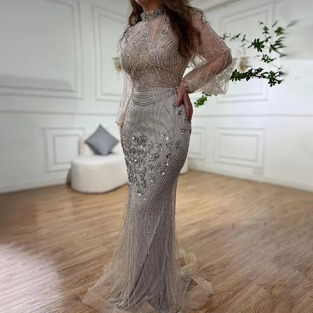 Custom Silver Beaded Mermaid Evening Dress With Full Sleeves For Women
