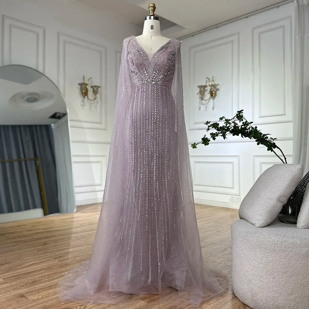 Serene Hill Custom Pink Cape Sleeve Mermaid Beaded Evening Gown For Women