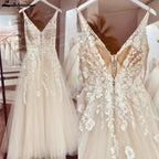 Custom Boho Wedding Dress A Line Open Back V Neck Tulle Lace Bridal Gown