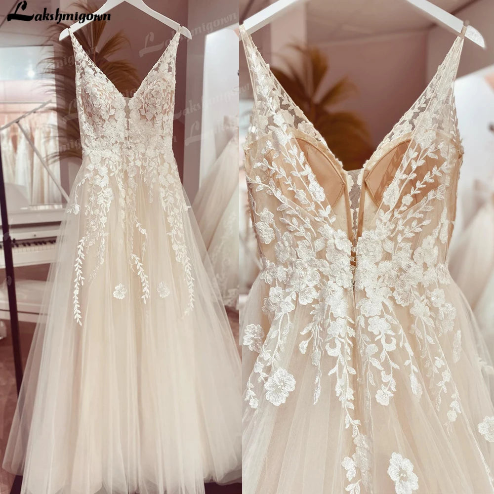 Custom Boho Wedding Dress A Line Open Back V Neck Tulle Lace Bridal Gown