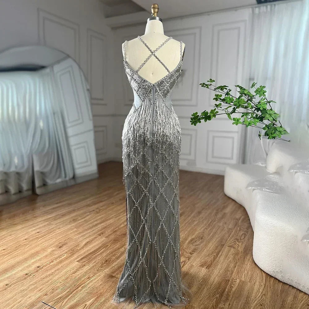 Custom Silver Mermaid Evening Gown With Beaded Tassel Trim