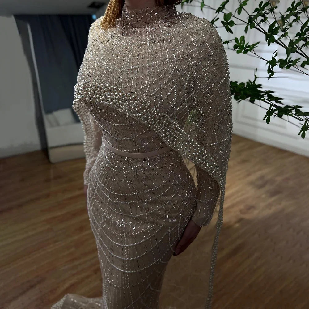 Serene Hill Custom Sage Green Long Sleeve Muslim Cape Evening Gown For Women