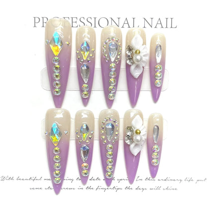 10 uñas postizas hechas a mano con diamantes brillantes, ligeras, de lujo, largas y puntiagudas, cobertura completa, uñas postizas Y2k, regalos de Año Nuevo. 