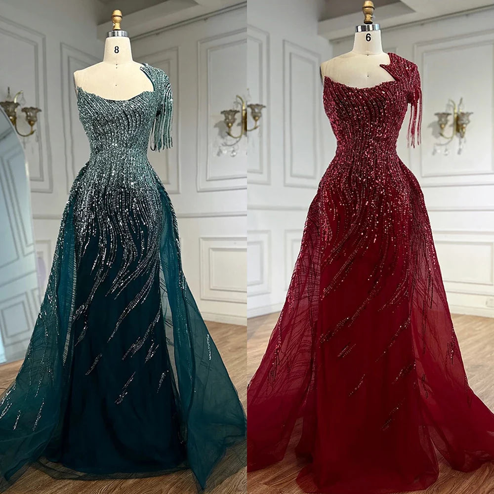 Vestido de noche verde lujoso con sobrefalda LA72979