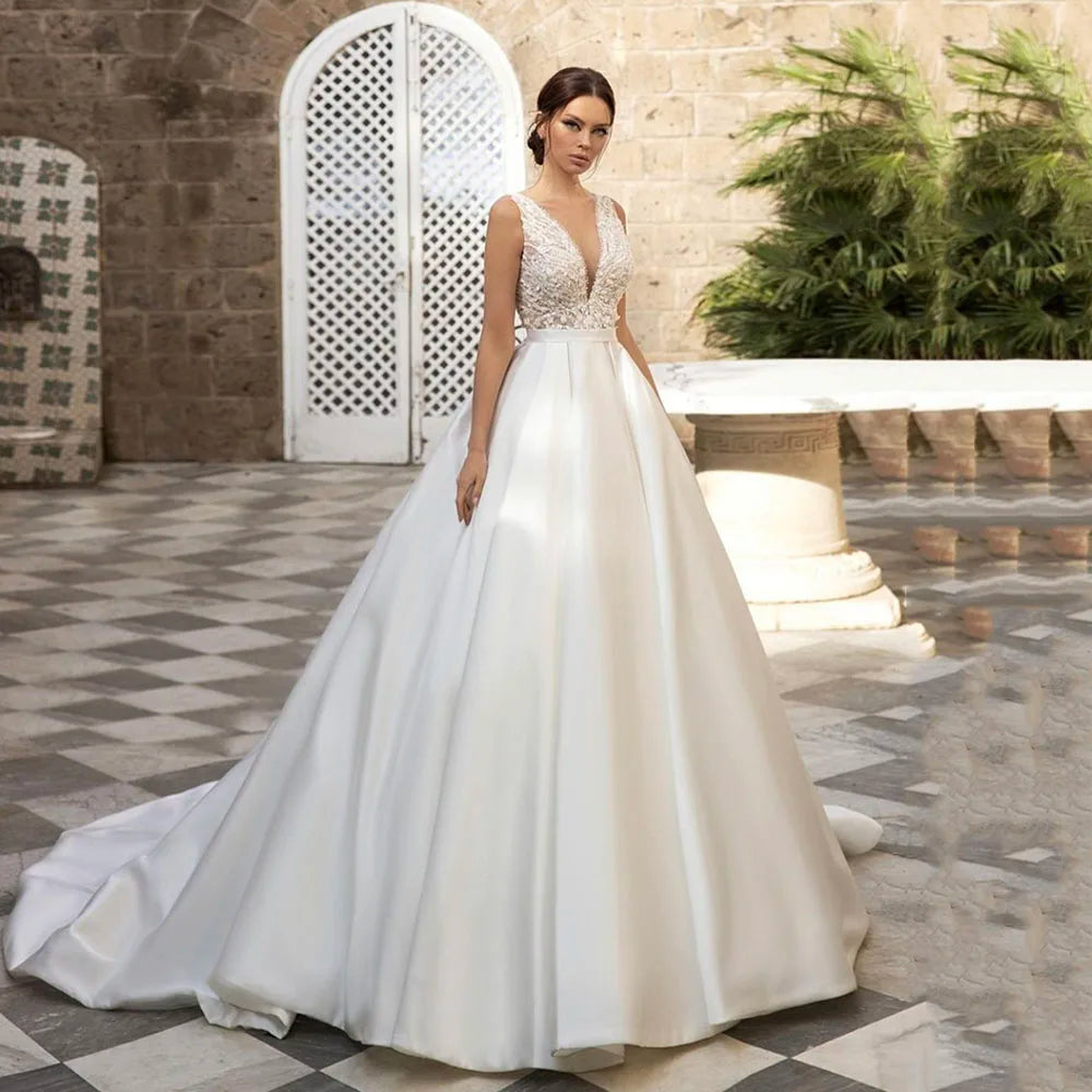 SoDigne Custom A Line V Neck Satin Country Wedding Dress With Appliques