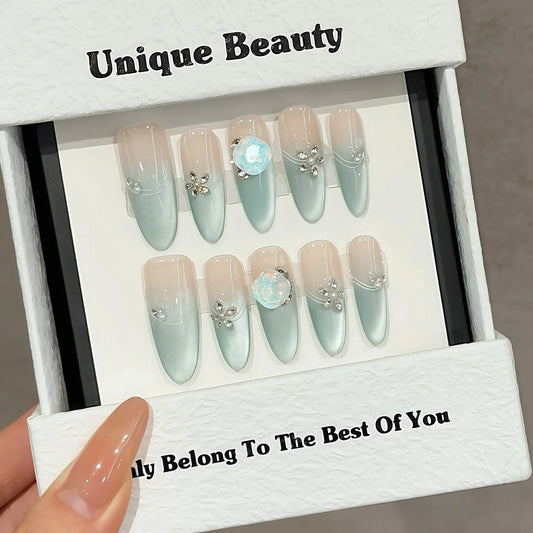 10 uñas postizas de color sólido hechas a mano, estilo francés, verde claro, suaves, largas, almendradas, brillantes, de verano. 