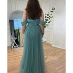 Custom Turquoise Off Shoulder Beaded Mermaid Overskirt Evening Gown For Women