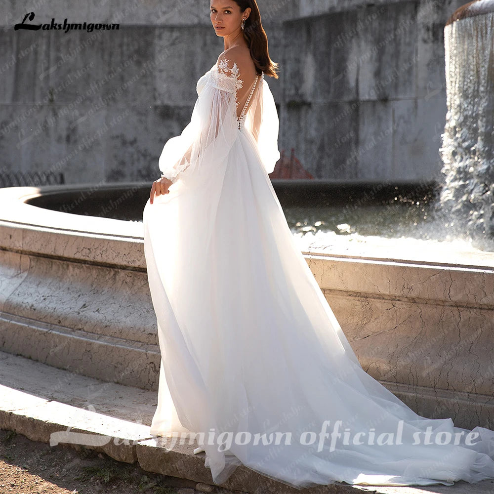 Lakshmigown Puffy Long Sleeves A Line Wedding Dress Deep V Plus Size Custom