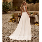 Bohemian Beach Wedding Dress Open Back Lace Halter Chiffon Custom Bridal Gown