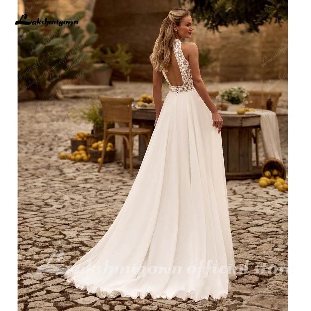 Bohemian Beach Wedding Dress Open Back Lace Halter Chiffon Custom Bridal Gown