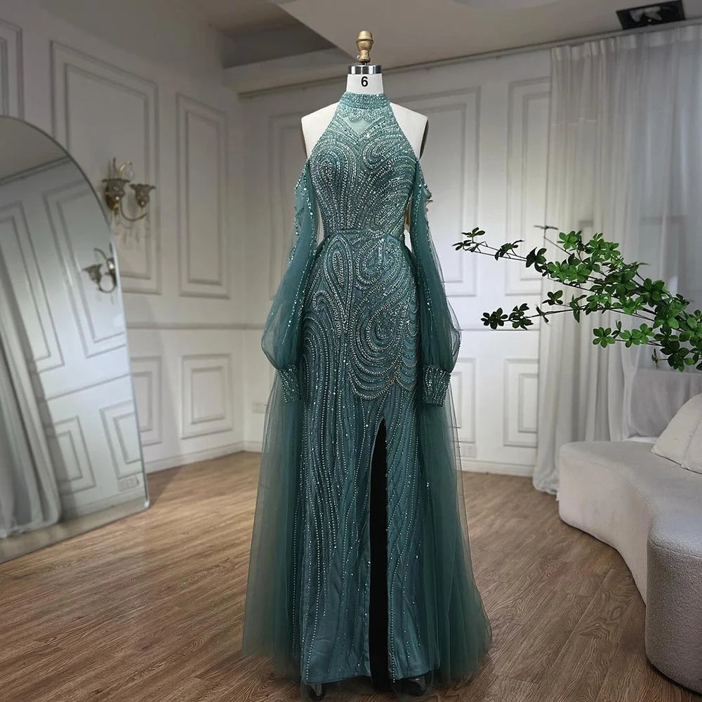 Serene Hill Customized Turquoise Mermaid Beaded Evening Dress Women Wedding