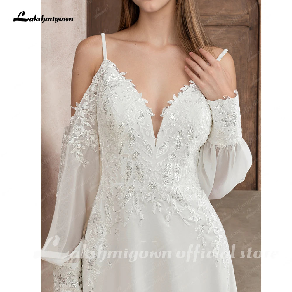 Custom Illusion Off White Bridal Gown Off Shoulder Long Sleeve Wedding Dress