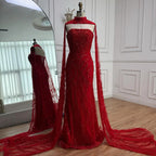Custom Red Mermaid Evening Dress With Detachable Cape Sleeves For Women