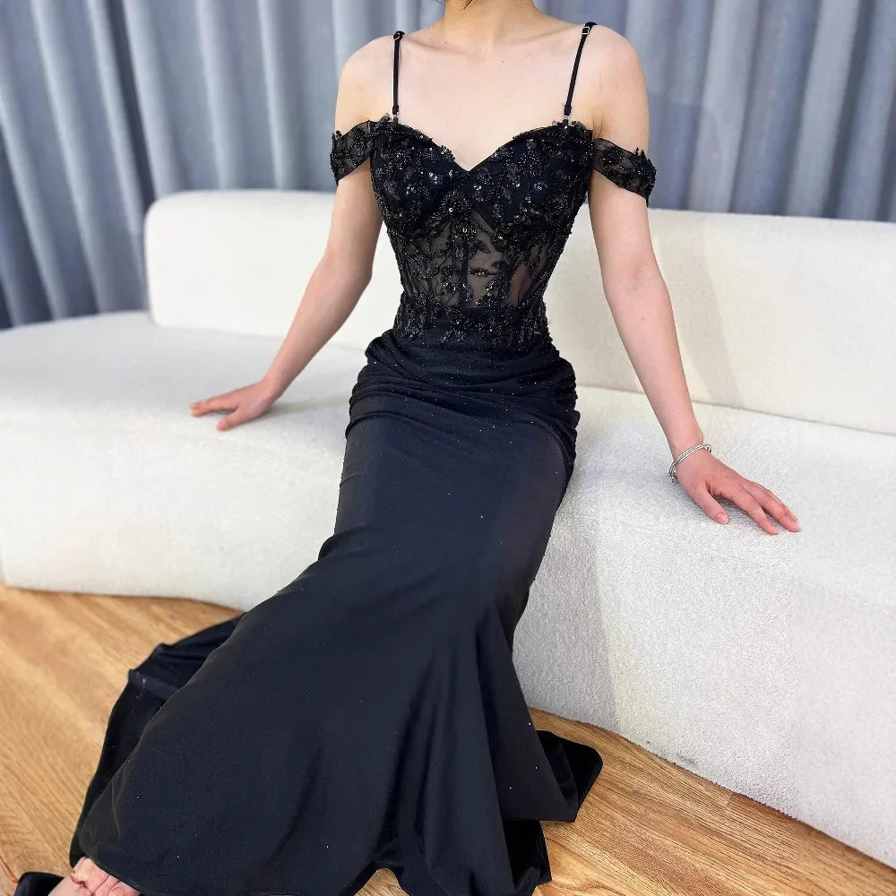 Classy Black Off-Shoulder Lace Prom Dress LA72999
